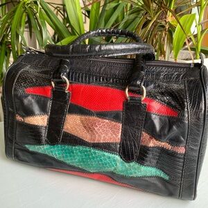 Colorful Leather Handbag with Snake Print Accents